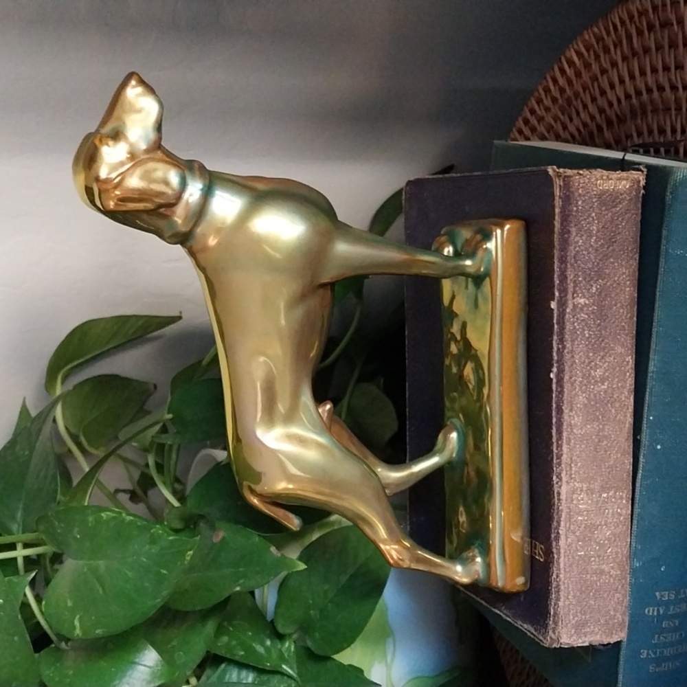 Antique c. 1905 Zsolnay Hungary green/yellow Iridescent Eosin Glaze Ceramic Dog